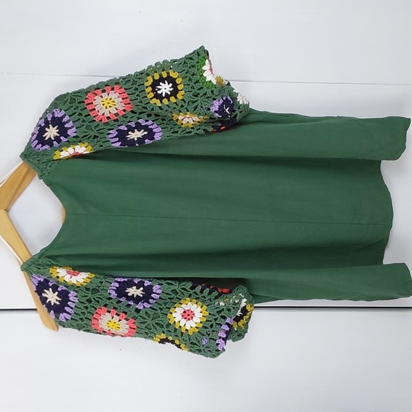 Umgee Green Top with Multicolor Crochet Sleeves Boho Linen Trendy Sz.XL - Picture 4 of 8